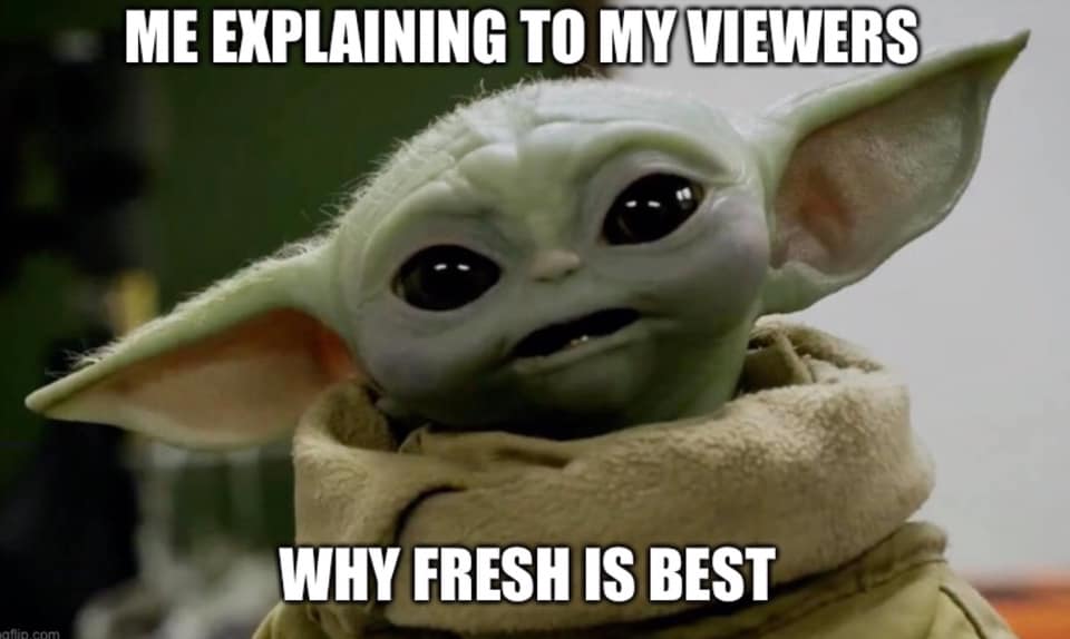 The meme is a picture of a cartoon character (Baby Yoda) with a surprised expression. The text at the top of the image reads "I'm trying to explain a complex topic to my audience" and the text at the bottom reads "They just want to know why I'm eating a sandwich."